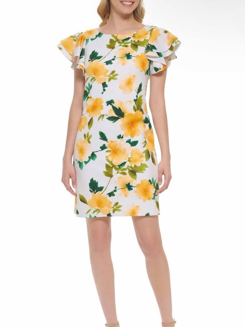 Jessica Howard Womenโs Petite Yellow-Floral Print Sheath Dress Size 10P NWT | D2